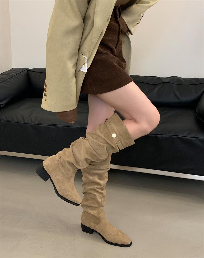 

Женские ботинки на толстом каблуке с острым носком, высокие ботинки-чулки, новая коллекция осень-зима 2025, ботинки средней высоты, рыцарские сапоги 39 хаки