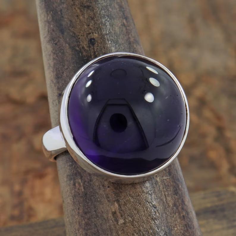 Round Amethyst Gemstone Ring, Handmade Ring, Designer Ring, Statement Jewelry, Statement Ring, 925 Silver Ring
