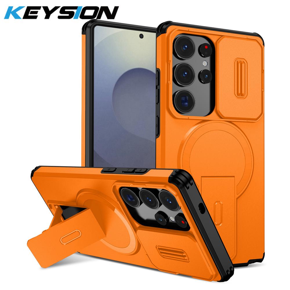 KEYSION Shockproof Magnetic Case for Samsung Galaxy S24 S25 Ultra S25+ S24 FE Slide Camera Protect Kickstand Wireless Charging Phone Cover