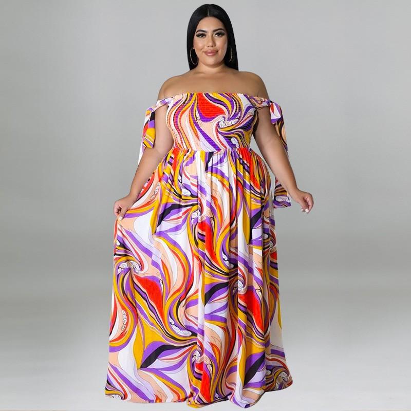 Plus Size Womens Off-Shoulder Ruched Strap Maxi Dress With Bow Print Milk Silk Sleeveless Flowy Skirt Streetwear