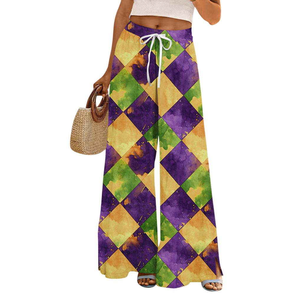 Ladies' Loose And Casual Printed Wide Leg Pants With Elastic Waistband Drawstring And Pocket Pants