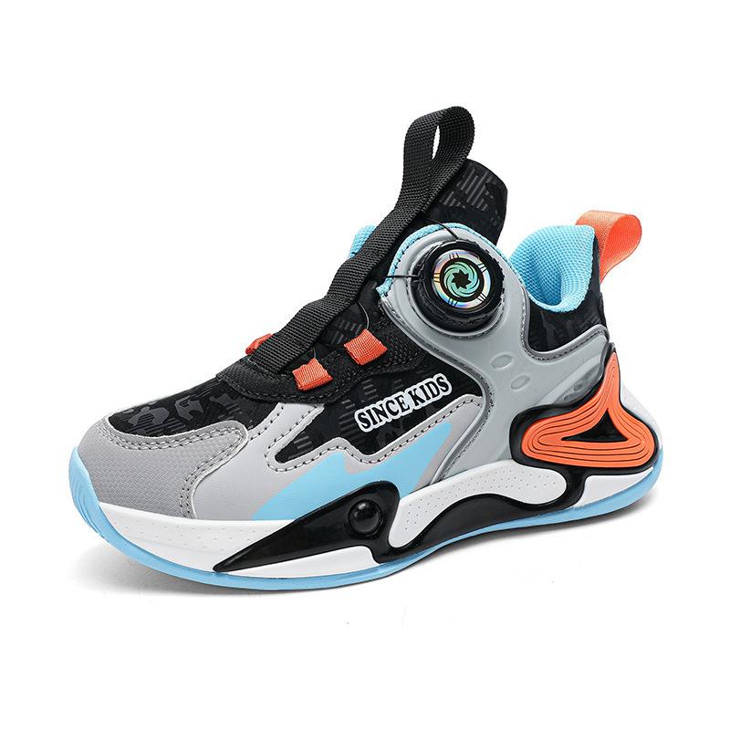 Autumn new boys' sports shoes lightweight, non-slip and wear-resistant leather surface soft sole rotating buckle boys' basketball shoes tide