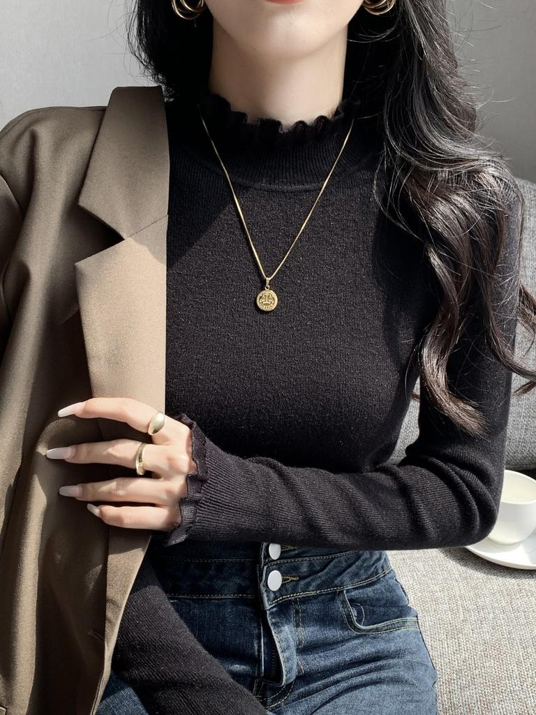 Lace lace inner top spring semi-turtleneck knitted sweater women's solid color high-end slim-fit bottoming shirt