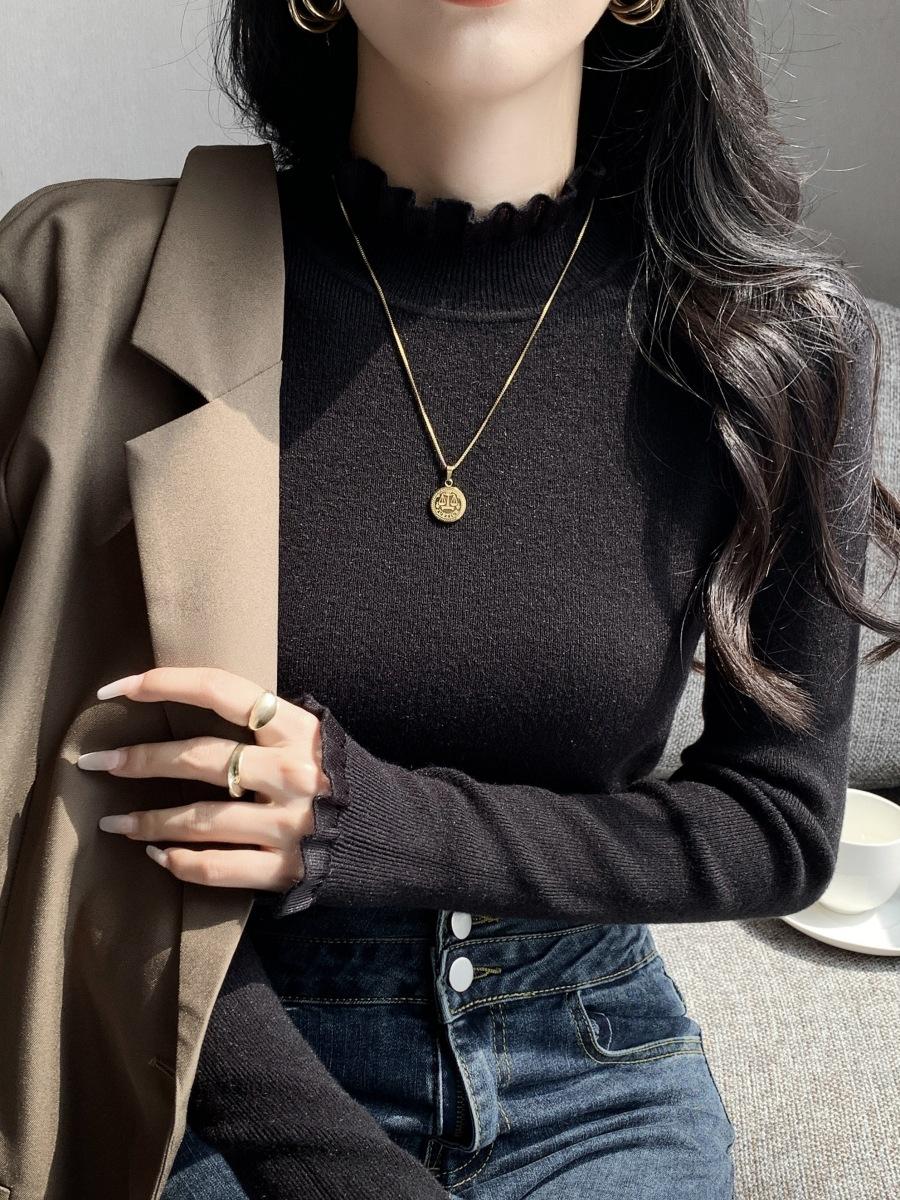 

Lace lace inner top spring semi-turtleneck knitted sweater women s solid color high-end slim-fit bottoming shirt XL чёрный