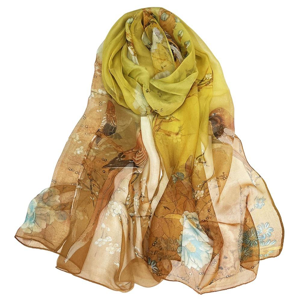 Portable Embroidered Silk Scarf Breathable Sun-Resistant Beach Shawl Silk Smooth Bandana for Women