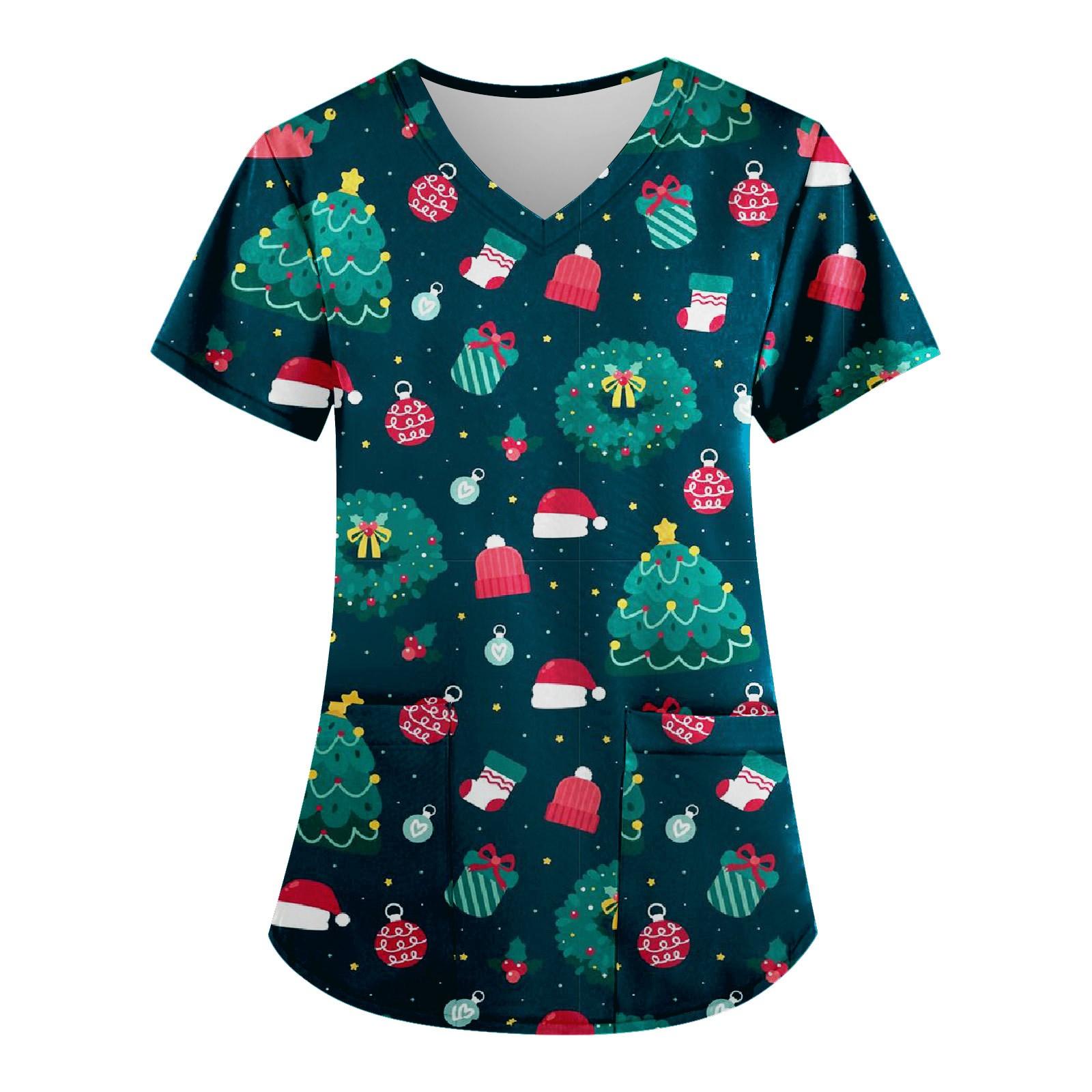 

Плюс размер печатной рабочей формы, топы для женщин, v-образный вырез, рождественский принт, забавные футболки с короткими рукавами, рабочая одежда, футболка с карманами L