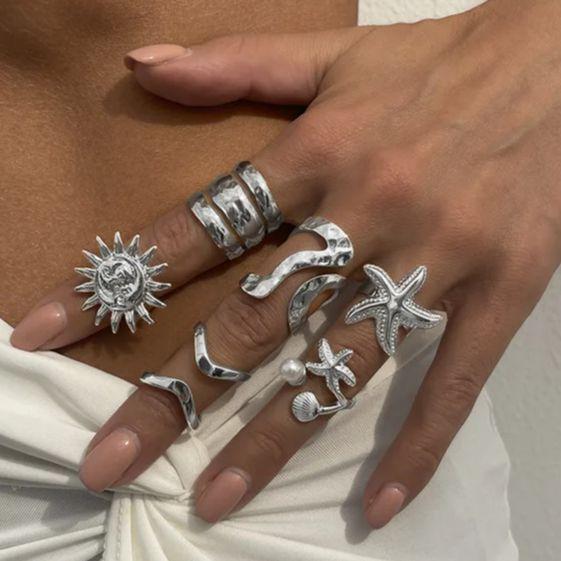 

DIEZI 6pcs/set Vintage Punk Starfish Sun Knuckle Rings For Women Fashion Gold Silver Color Imitation Pearl Joint Ring Jewelry