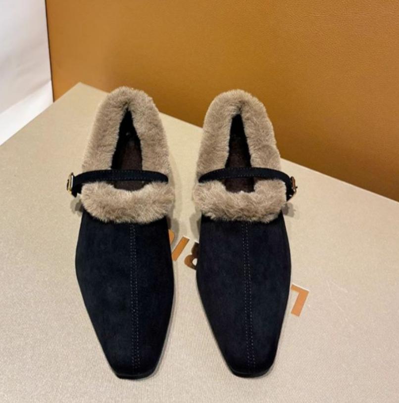 Elegant Mary Janes Woman Chic Brand Design Fur Low Heel Dress Shoe Ladies Winter Warm Plush Belt Pump Women Fur Shoes with Heels