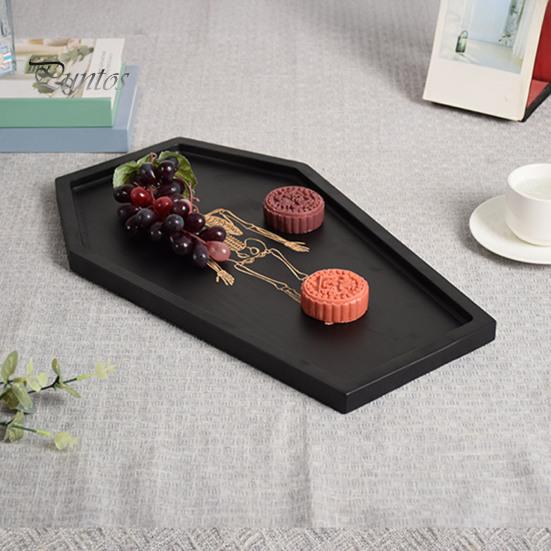 Gothic Storage Tray Halloween Serving with Engraved Skeleton, Wooden Charcuterie Board, Casket Decorative Catchall for Jewelry Shape Platter