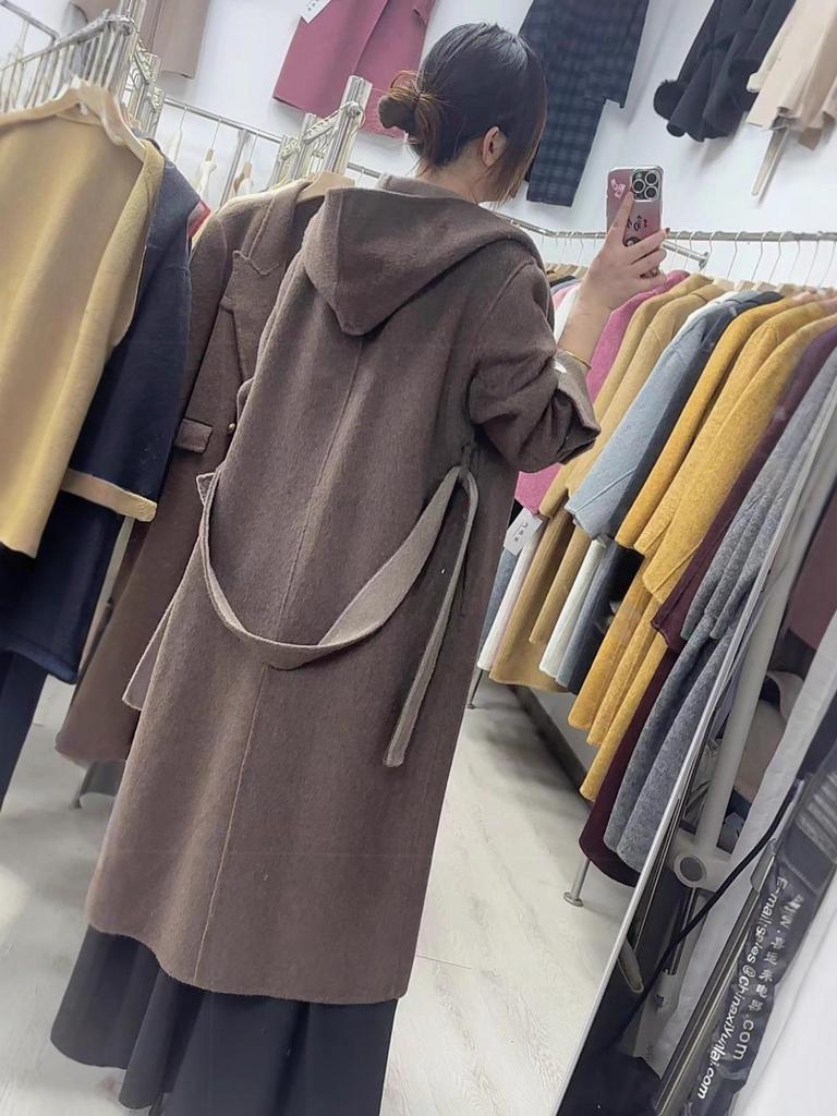 Women's Extra Long Double-Sided Wool Coat with Hood, Tie Belt, and Large Lapel, Thickened Cashmere, Loose & Temperamental Style