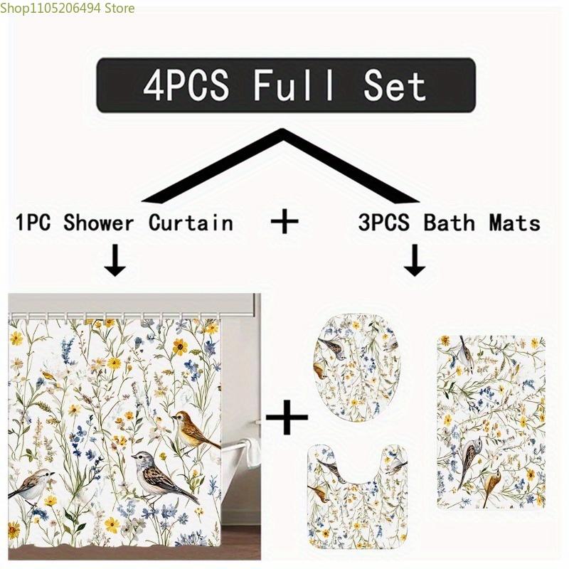 1/3/4 szt. Pastoralny Zestaw Zasłon Prysznicowych z Motywem Kwiatowym - Świeże Białe Tło Wielokolorowy Nadruk Kwiatowy Wystrój Łazienki, Zawiera, Kształt U