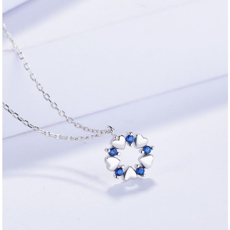 S925 Sterling Silver Korean Style Blue Rounded Necklace Fashion Temperament Clavicle Chain Silver Jewelry Necklace Korean Style