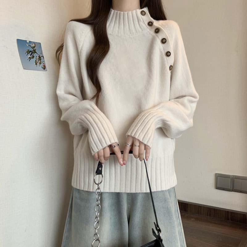 Japanese and Korean Autumn and Winter Minimalist Korean Style Half-high Neck Knit Sweater Women's Plus Size Versatile Casual Top Outerwear