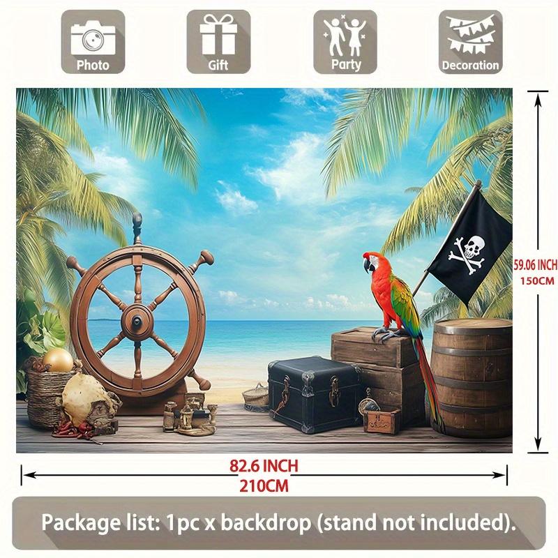 1 Piratenschatzkarten-Hintergrund - Banner für eine Party mit Meeresmotto mit Schatztruhe, Papagei und Holzrädern Piraten-Geburtstag