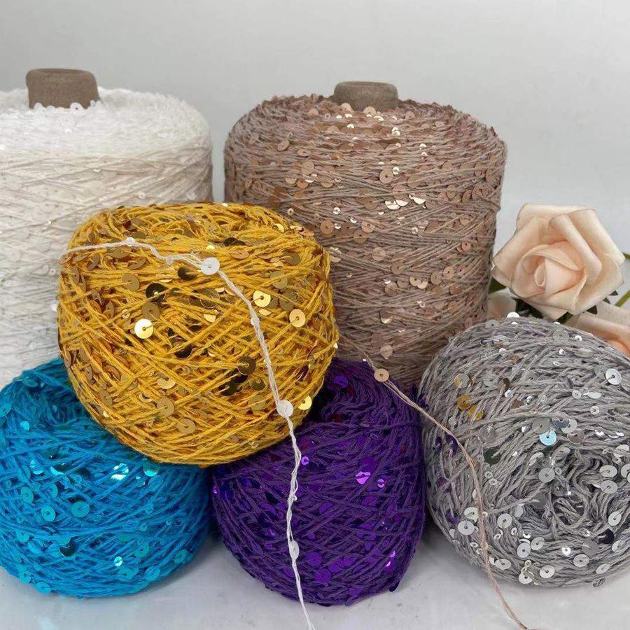 Hand-Knitted Bright Cotton Yarn with Sequins, 3MM+6MM, Combed and Fancy