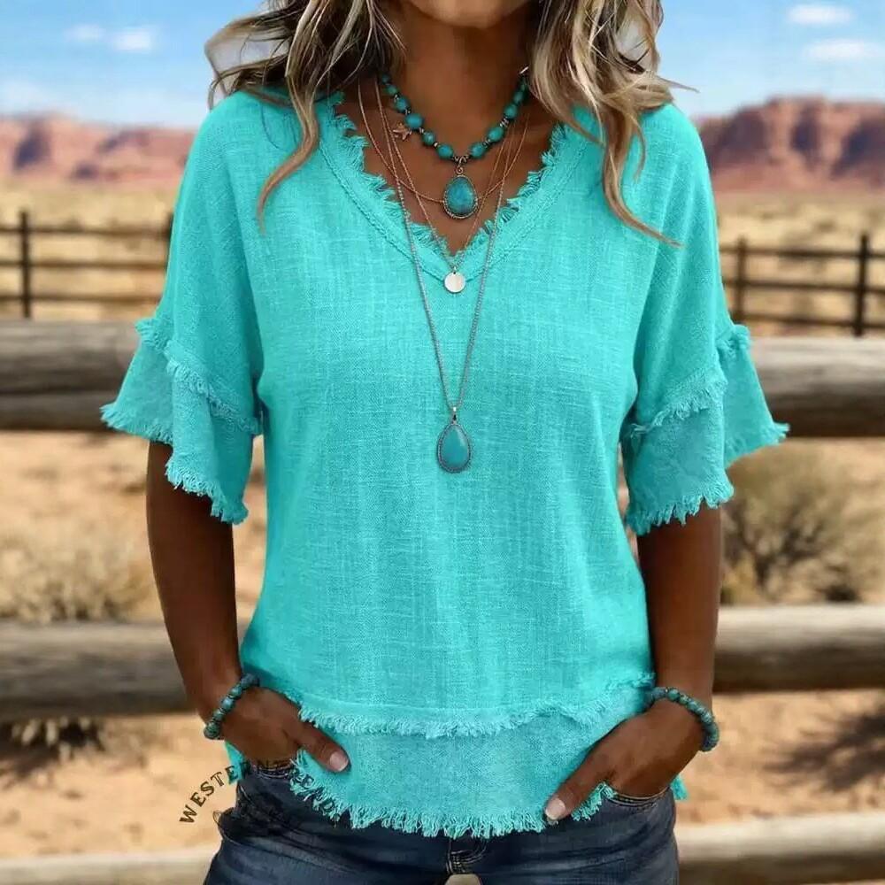 Women's V Neck Fringe Top Layered Ruffle Half Sleeve Loose Casual Summer Blouses