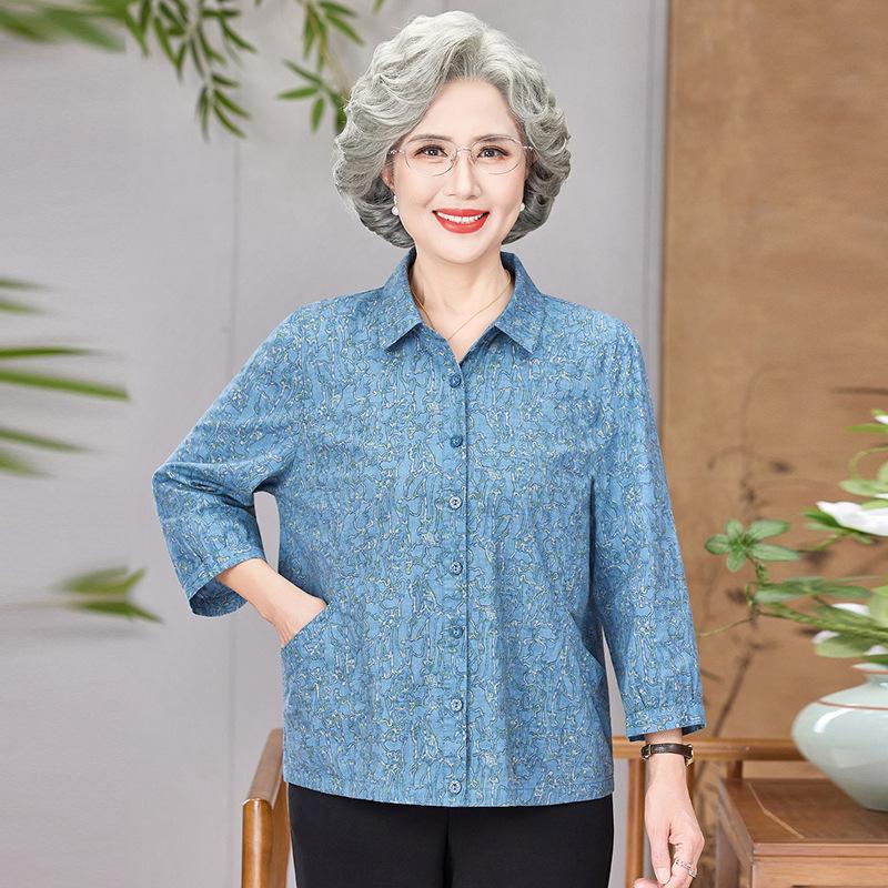 

New Summer Cotton Shirt for Middle-Aged and Elderly Women, 7-Sleeve Top for Grandmothers Aged 60-70 XL (105-120 lbs)