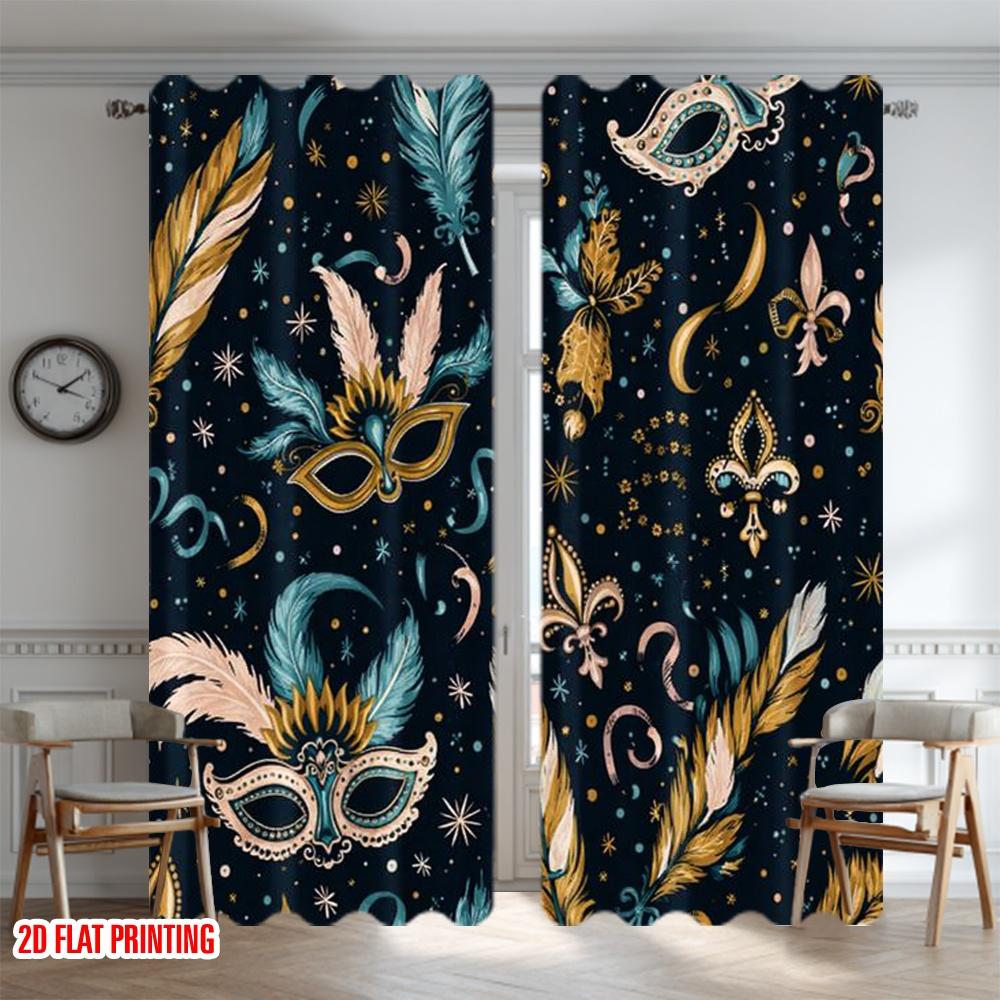 2D Flat Printing 2pcs Curtain Window Drapes Mardi Gras Festive Mask Digital Printed Polyester Drapes Seasonal Party & Holiday
