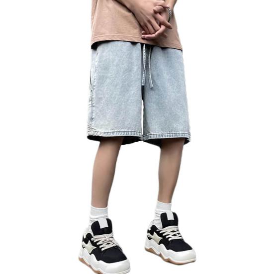 Shorts jeans masculino com elástico na cintura e cordão, bolsos largos nas pernas, shorts retos, cor sólida, shorts casuais, streetwear