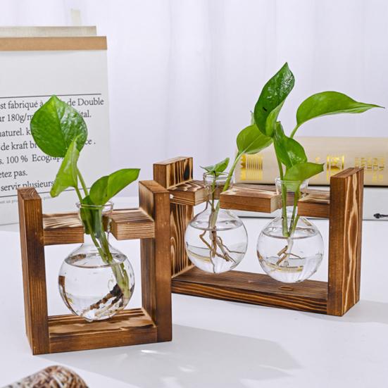 Plants Propagation Station with Wooden Stand Indoor Plant Terrarium Hydroponic Flower Holder Container Decoration Table Centerpiece