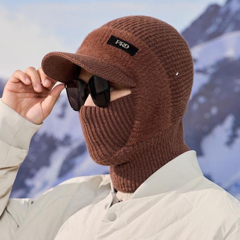 Cold Proof Brimmed Knitted Balaclava Polyester Fleece Lined Winter Knit Balaclava For Men