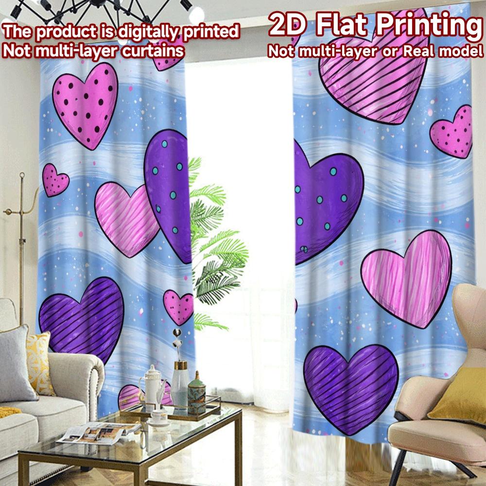 2D FLAT PRINTING 2pcs Curtains (Without Rod) Valentine's Day Colorful Hearts Chic Curtains&Drapes Fabric Curtains Holiday