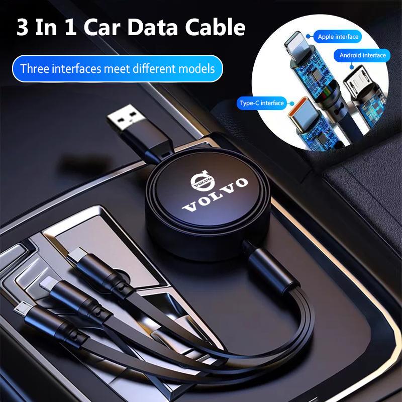 rcmjh6 Car Logo Fast Charger 3 In 1 Micro USB Type C Data Wire For Volvo ES90 EC40 EX40 EM90 XC90 V90 V60 XC60 V40 S80 S60 S90 C40 XC40