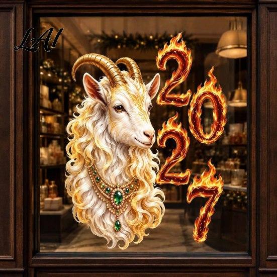 Professional Holiday Window Sticker 2027 Year of Goat Cling Golden‑White Zodiac Static Glass Cling Sticker Lunar New Spring Festival Decor