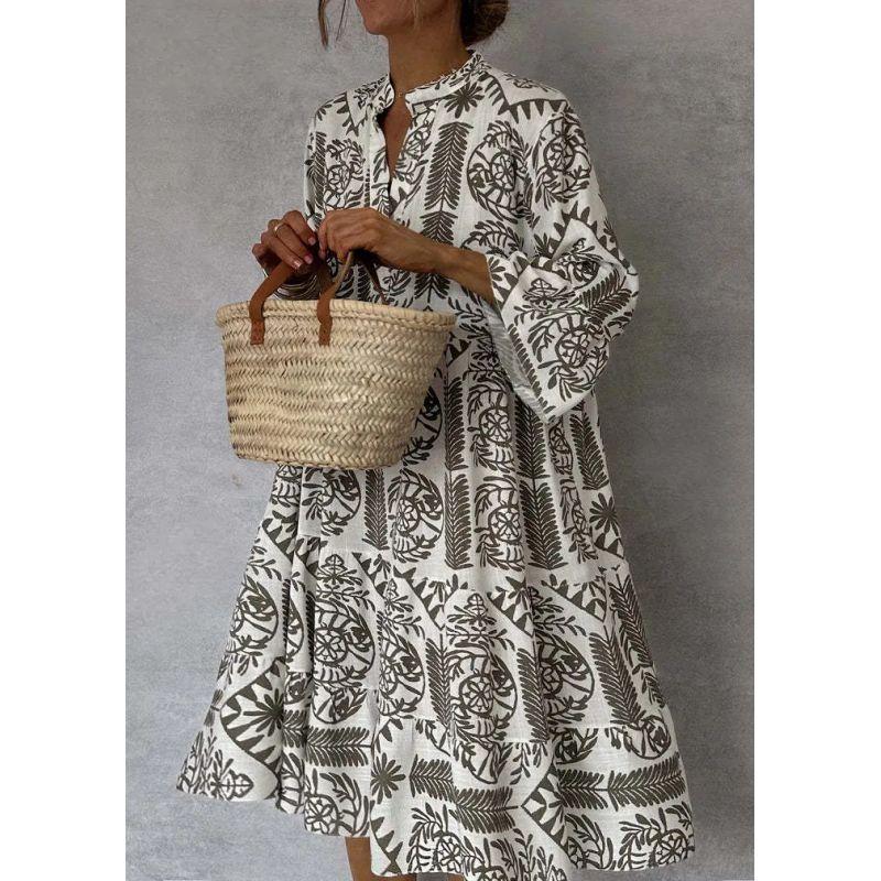 

European and American Women clothes Loose Plus size Short dress Casual Print Three-Quarter Sleeve Shirt Dress Women s Shirt Skirt Women Khaki XL