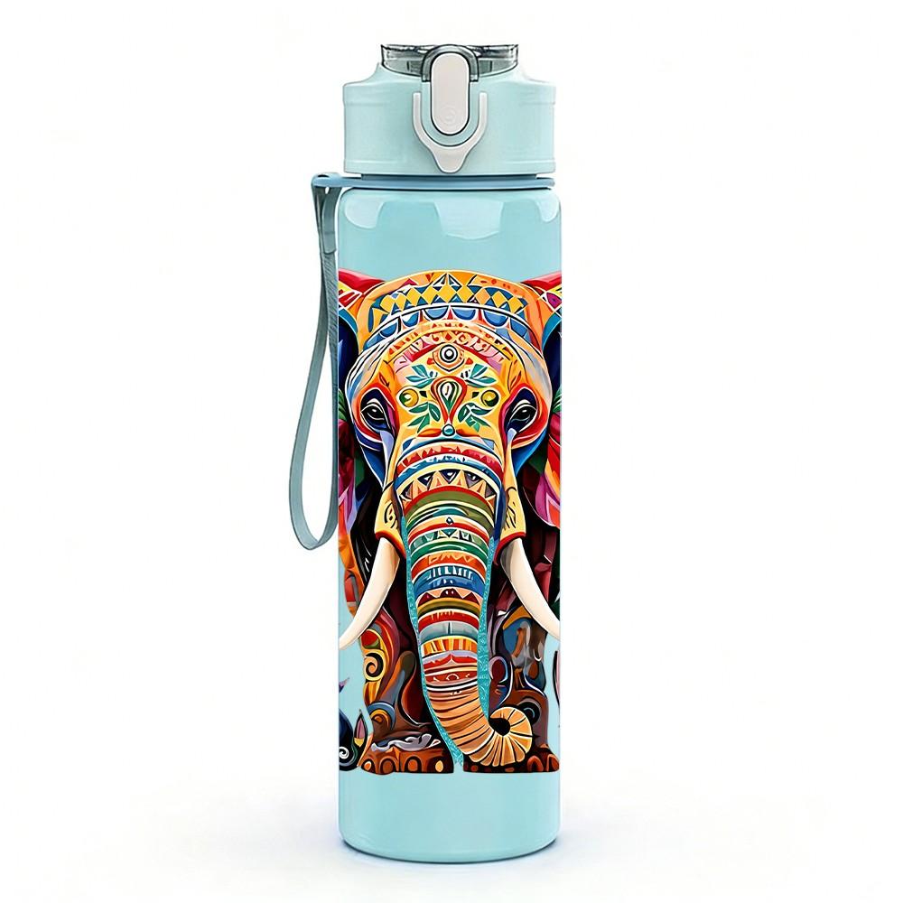 1PC Colorful Decorated Elephant Art Print 750ml Color Plastic Sports Water Bottle Leakproof Flip Straw Lid Suitable for Sports Office Home Use