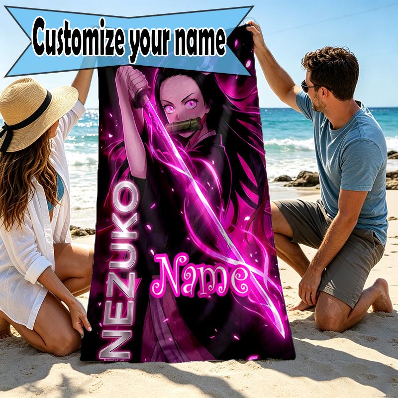 Personalisierbares Strandtuch mit Demon Slayer Aufdruck und individuellem Namen, für Reise, Camping, Strandparty, Heimdekoration, Geburtstagsgeschenk für Familie & Freunde