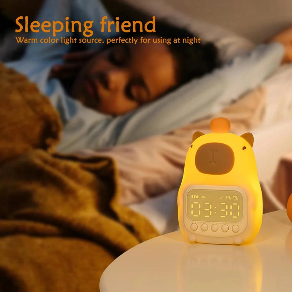 Capybara LED Alarm Clock Kids Bedside Sleep Temperature Display Digital Clock USB Rechargeable Night Light Table Clock Decor