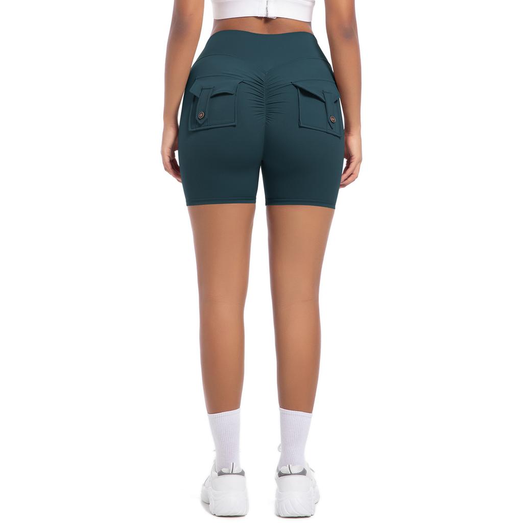 Workwear Pocket Tight Shorts Women's High Waist Elastic Hip Lifting Button Yoga Pants Speed Drying Running Fitness Pants