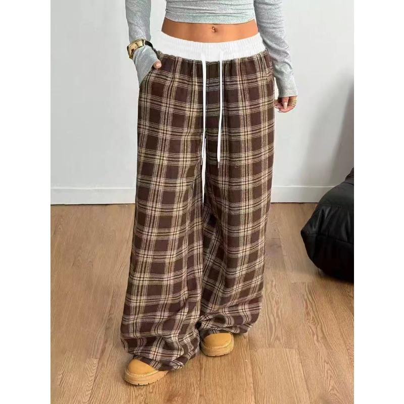 Pantaloni Casual Lunghi a Quadri con Vita Elastica e Gamba Larga, Stile Vintage Rilassato, per Donna