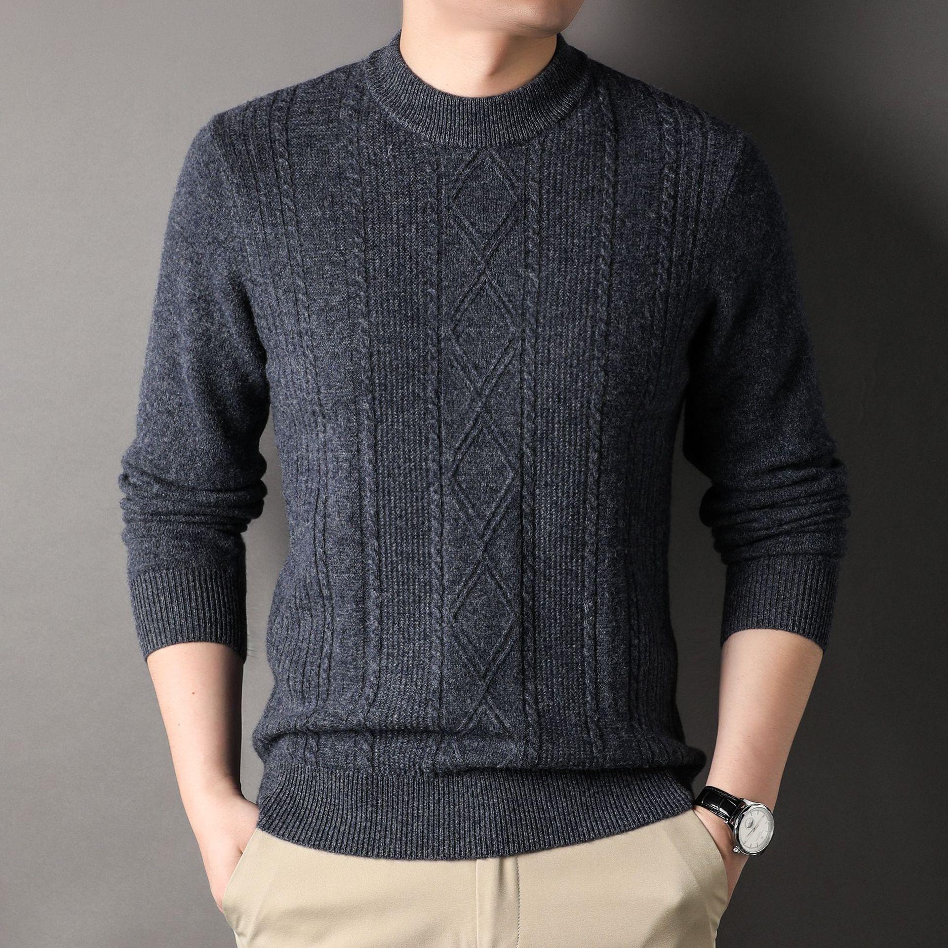 

Зимний новый цельношерстяной мужской утепленный свитер с полувысоким воротником и круглым вырезом, свитер из 100% чистой шерсти