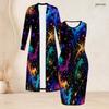 Damen Übergröße Zweiteiliges Outfit Langärmeliger Offener Cardigan Ärmelloses Bodycon Kleid mit Aufdruck