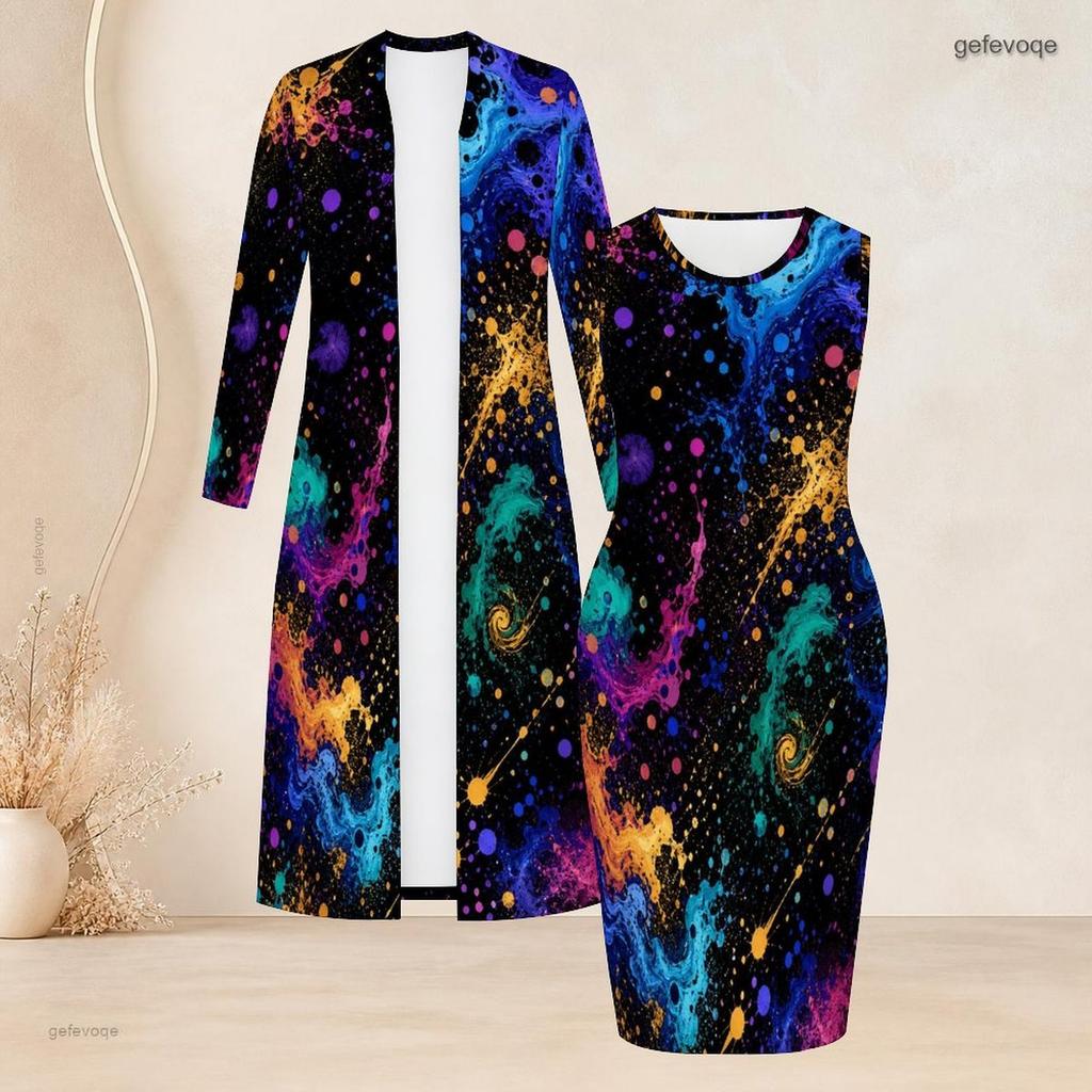 Damen Übergröße Zweiteiliges Outfit Langärmeliger Offener Cardigan Ärmelloses Bodycon Kleid mit Aufdruck