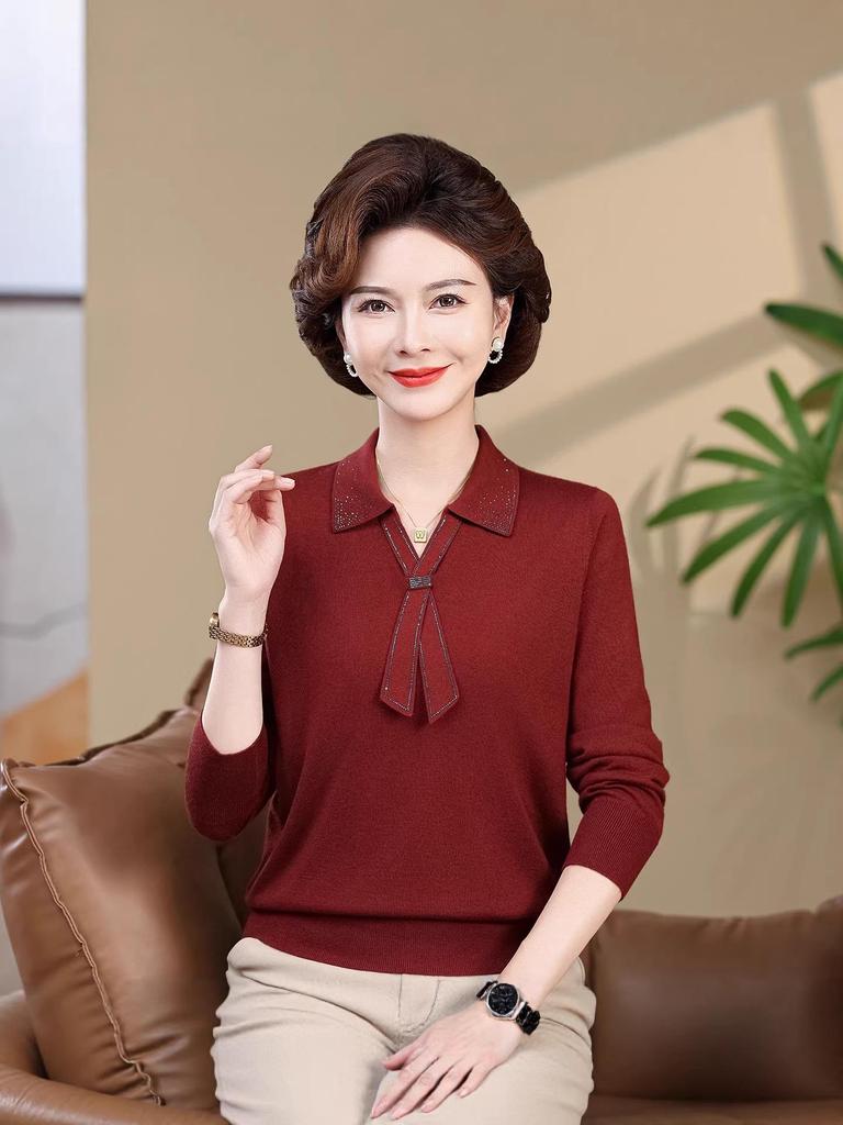 Chic Wool Long-Sleeve Sweater for Moms - Spring/Autumn Fashion for Middle-Aged Women - Perfect Wedding Inner Wear for Mother of the Bride/Groom