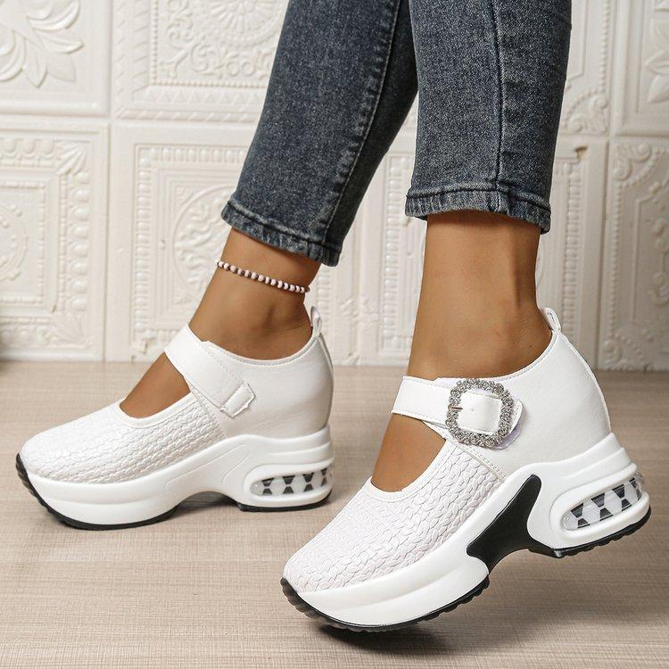 Damen Übergröße Plateau Strassbesatz Slipper Herbst Neu Europäisch Amerikanischer Stil Ein Riemen Schnalle Keilschuhe