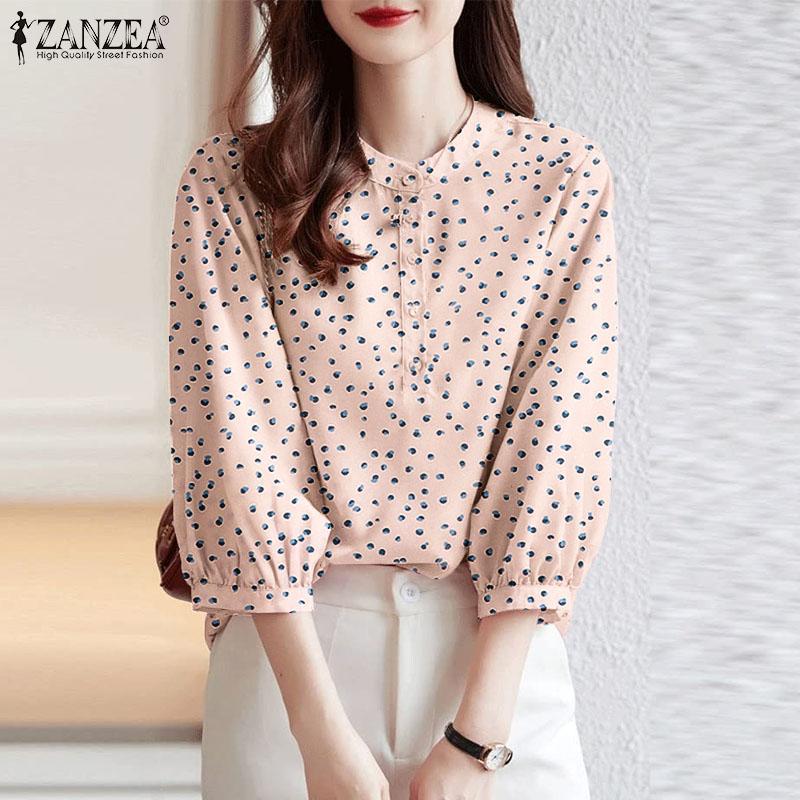 

ZANZEA Женский однотонный свободный топ с круглым вырезом на пуговицах и рукавами 3/4 с принтом