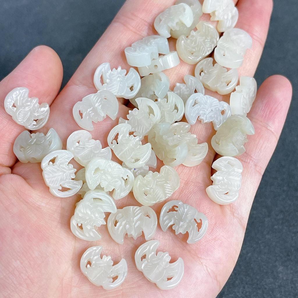 Natural Hetian Jade Four Seasons Beads & Bat Wushi Pai Lotus Seed Prayer Bracelet Pendant DIY Accessory