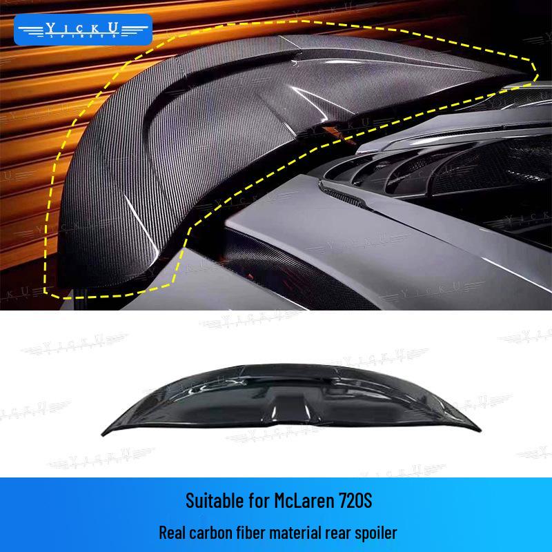 Compatible with McLaren 720S: BS Black Sail Carbon Fiber Front/Rear Lips, Side Skirts, Rear Wing, Fender, and Door Trim Strips.