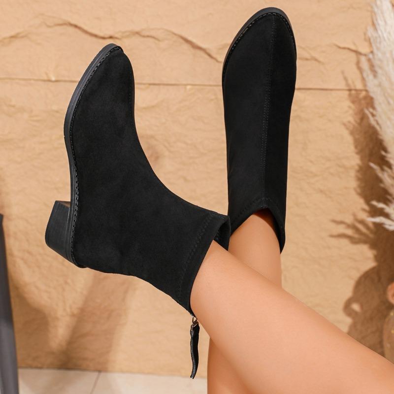 Fashion Fall New Pointed Toe Suede Rear Zip Block Heel Booties Women's Fashion Rear Zip Anti-Slip Wear-Resistant Single Boots
