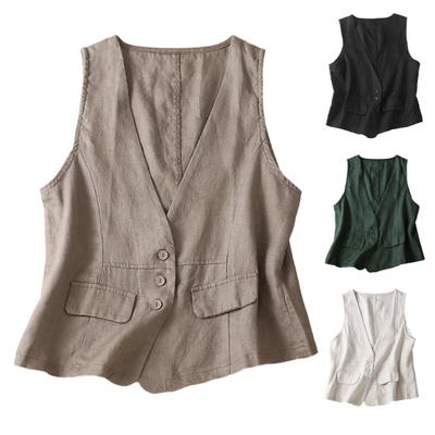 Gilet sans manches décontracté à col en V pour femme, grande taille, printemps, été et automne, en coton et lin, coupe fine, vêtement d'extérieur