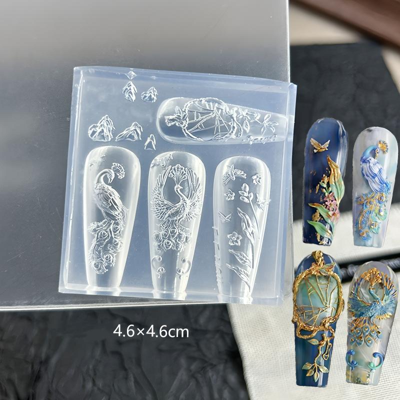 3D Nagelkunst-Form mit Blume, Pfau, echtem chinesischen Stil - Klares Silikon, perfekt für DIY-Maniküre