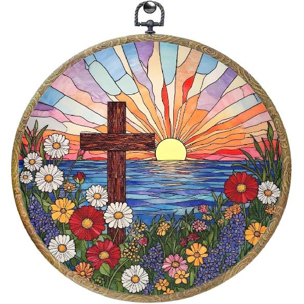 piratonal Wildflower Cross Faith Christian Gifts for Women Men Religious Gifts Framed Round Wall Decor Canvas Wall Art Hanging Prints Artwork for