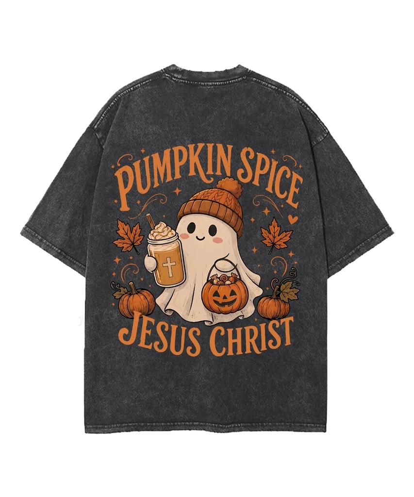 Pumpkin Spice Cute Ghost Coffee Beanie Ghost Chest Print Vintage Washed T‑Shirt Men Women Oversized Fashion Short Sleeve Tops