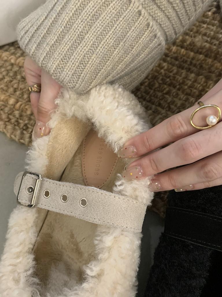 Beautiful cute fluffy shoes women's 2025 new bow flat bottom thickened Mary Jane velvet warm lamb wool single shoes
