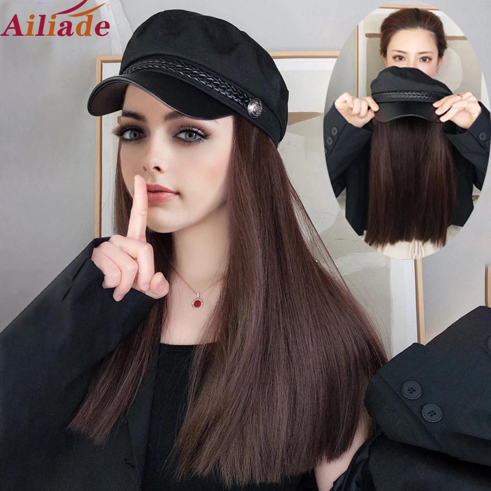 Buy AILIADE Navy Hat With Hair Long Straight Fake Hair Hat Wig