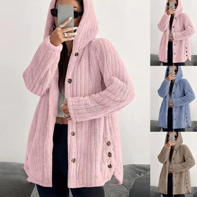 Women's Casual Solid Color Long Sleeve Plush Casual Hooded Button Jacket
